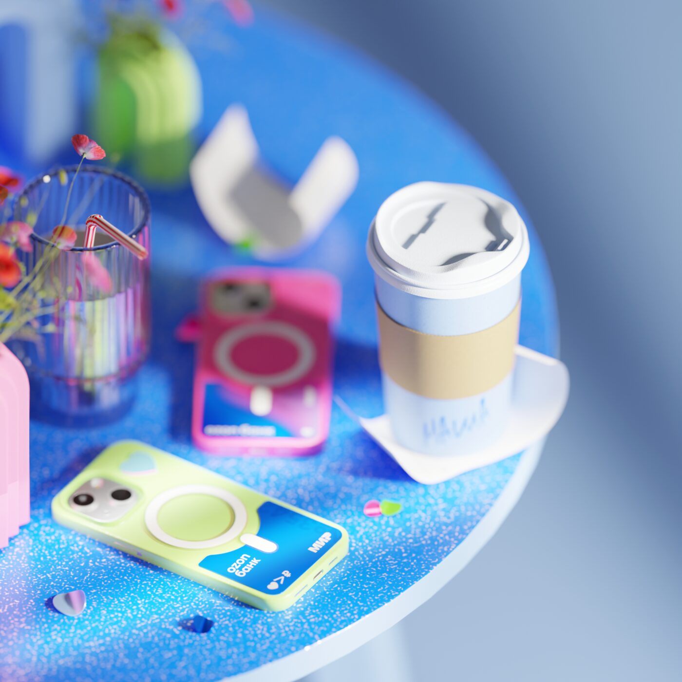 Phones with Ozon Bank card on a summer table