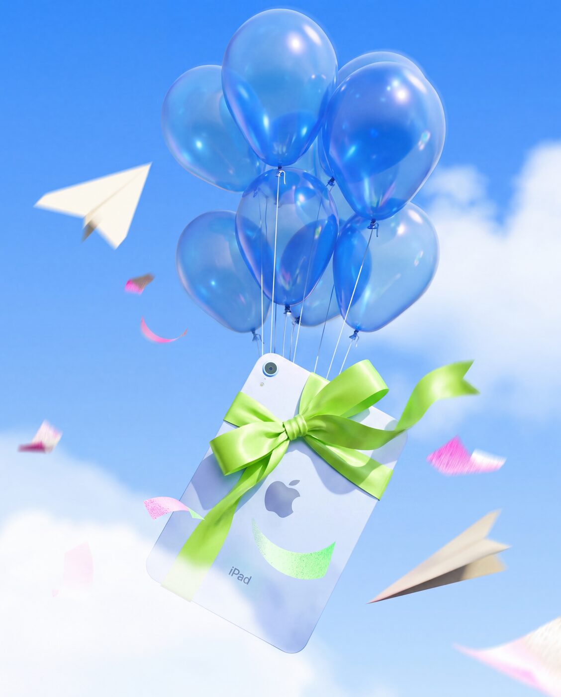 Gift-wrapped tablet with balloons in the sky