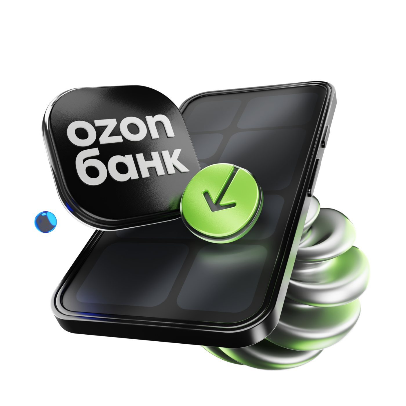 Ozon Bank logo on a phone with a checkmark