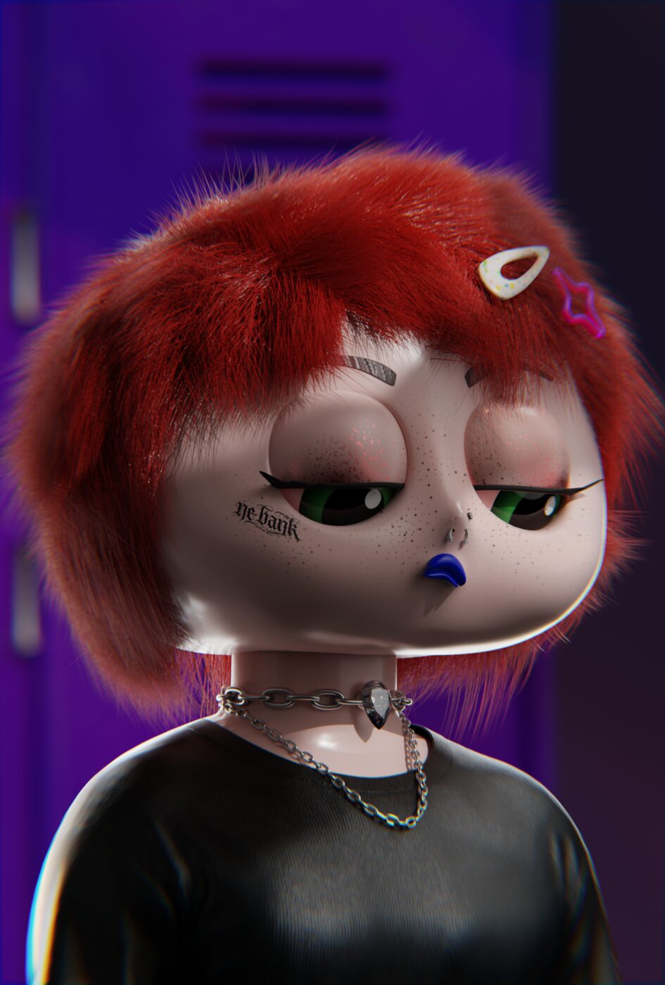 3D portrait of a character with red hair and piercings