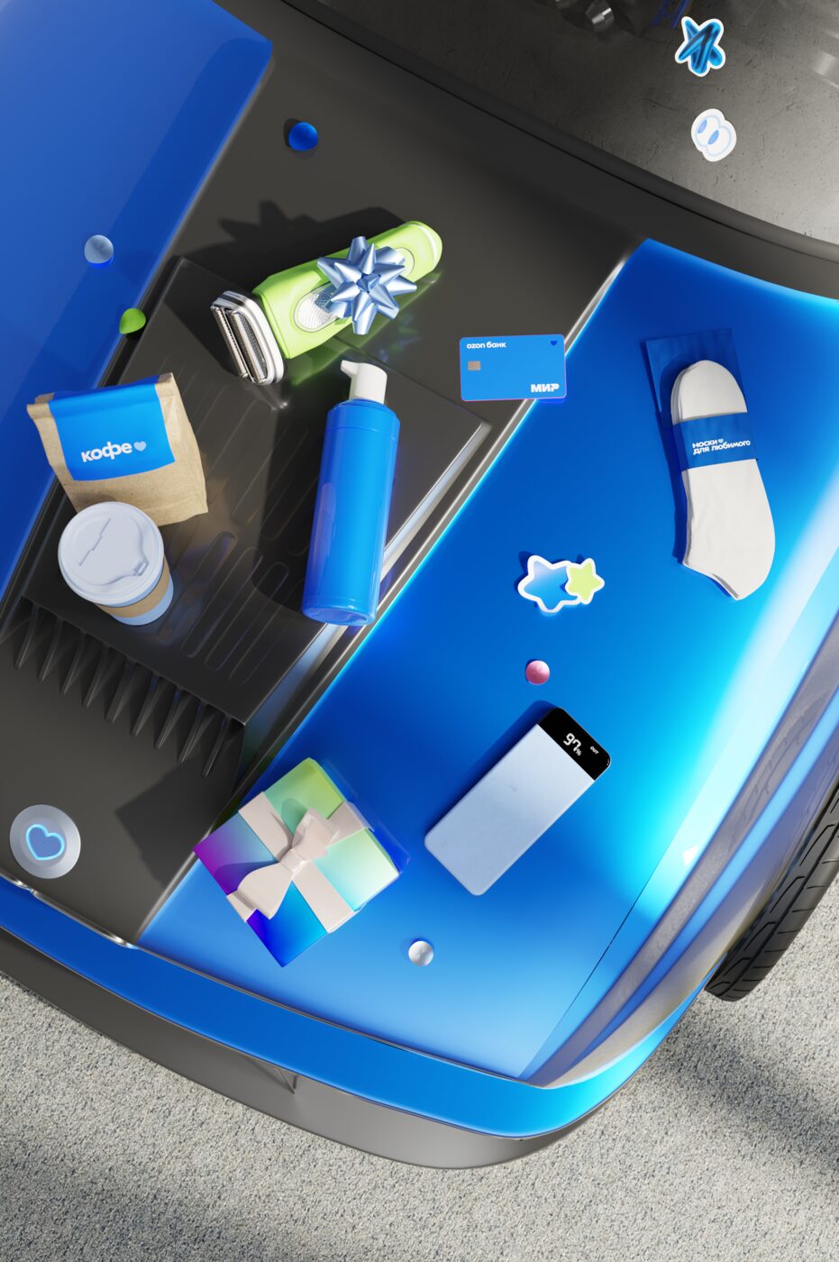 Items on the hood of a blue car