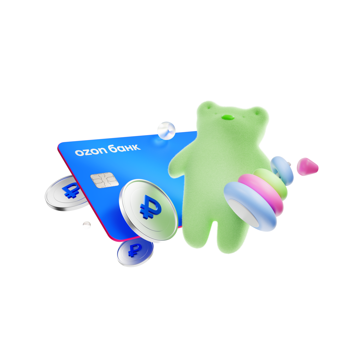 Green bear, Ozon Bank card and coins
