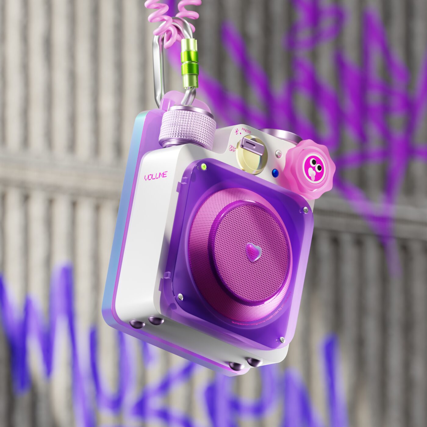 Pink-purple portable speaker on a graffiti wall