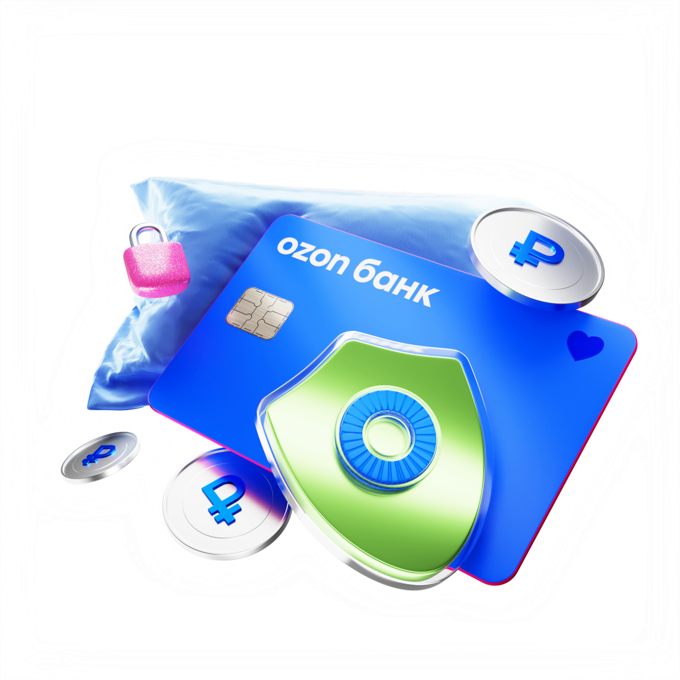 Ozon Bank card with a shield, lock and coins